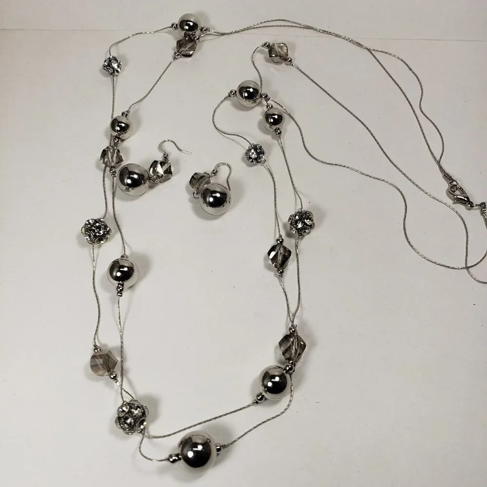 Layered Shimmering Silver-tone Crystal Ball Beaded Necklace & Matching Earrings